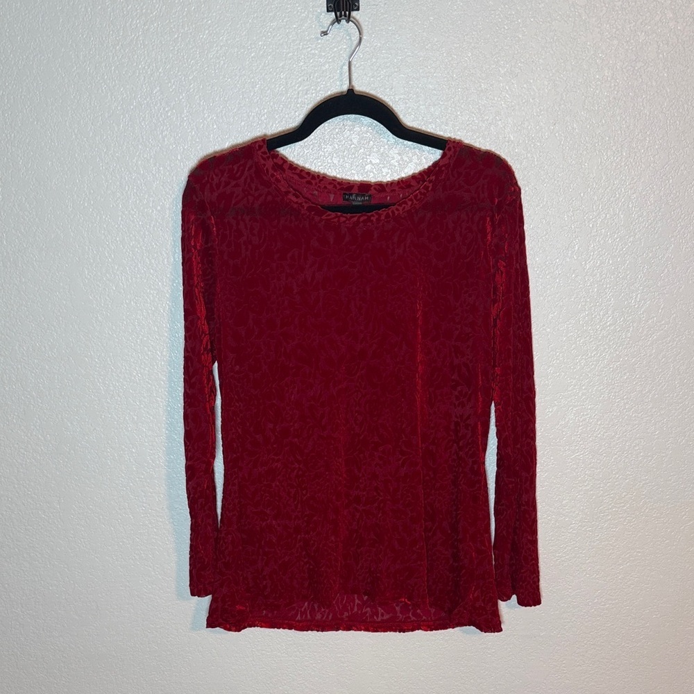 Hannah Red Floral Burnout Velvet Long Sleeve Top Size XL